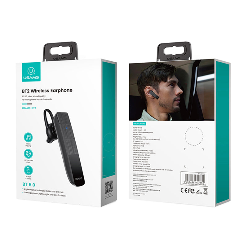 USAMS USAMS-BT2 Wireless Bluetooth Single Ear Earphone HiFi Sound Hands-free Call Earhook Headphone Brushed Style USAMS USAMS-BT2 Wireless Bluetooth Single Ear Earphone HiFi Sound Hands-free Call Earhook Headphone Brushed Style